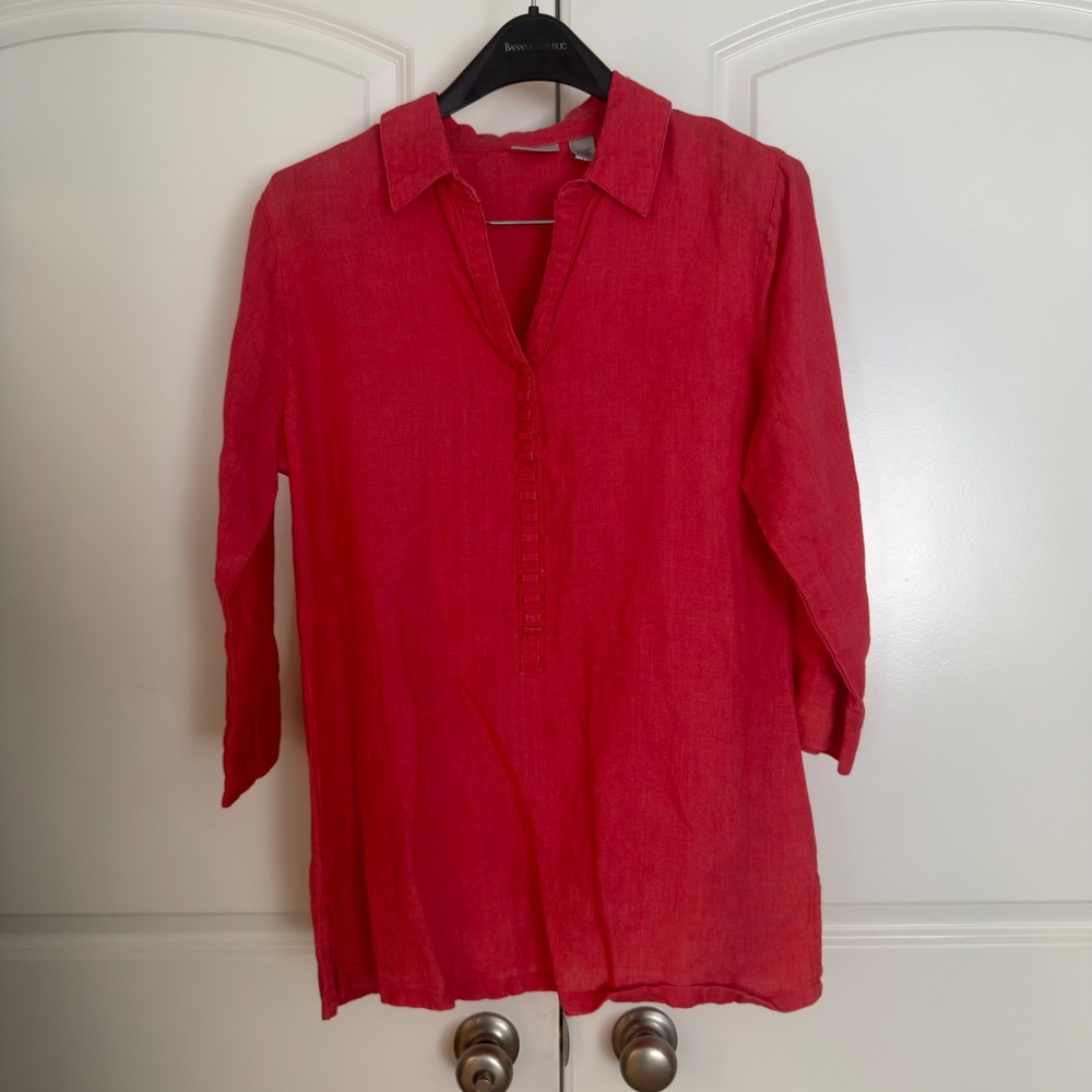 Chicos 100% Linen Tunic Top Coral Pink Henley 3/4 Sleeve Size 1 Medium